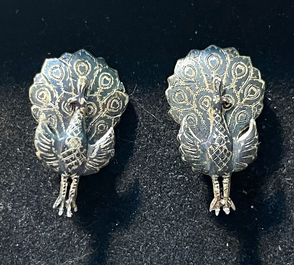 Vintage Silver Peacock Clip-On Earrings made in Siam. Marked